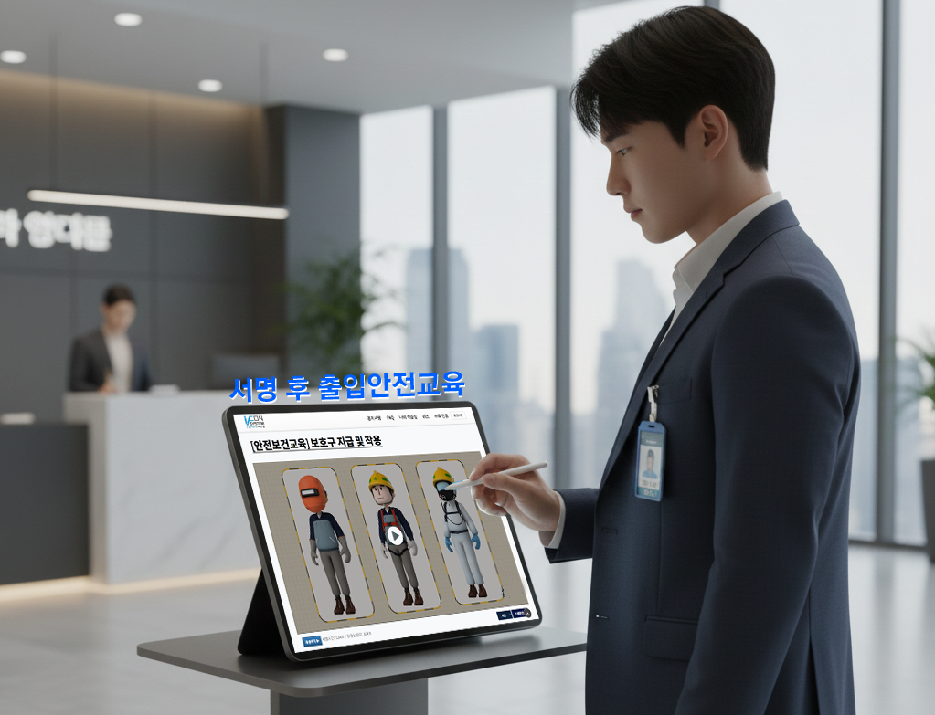 건물이나 사업장 출입 시 로비에서 안전교육을 수강하는 모습